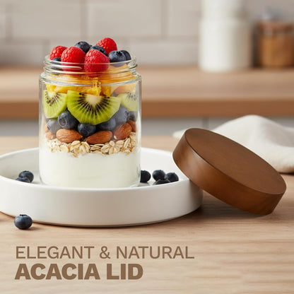 16 oz 4-Pack Bumobum Overnight Oats Containers with Lids, Glass Mason Jars with Acacia Wood Airtight Lid, Wide Mouth