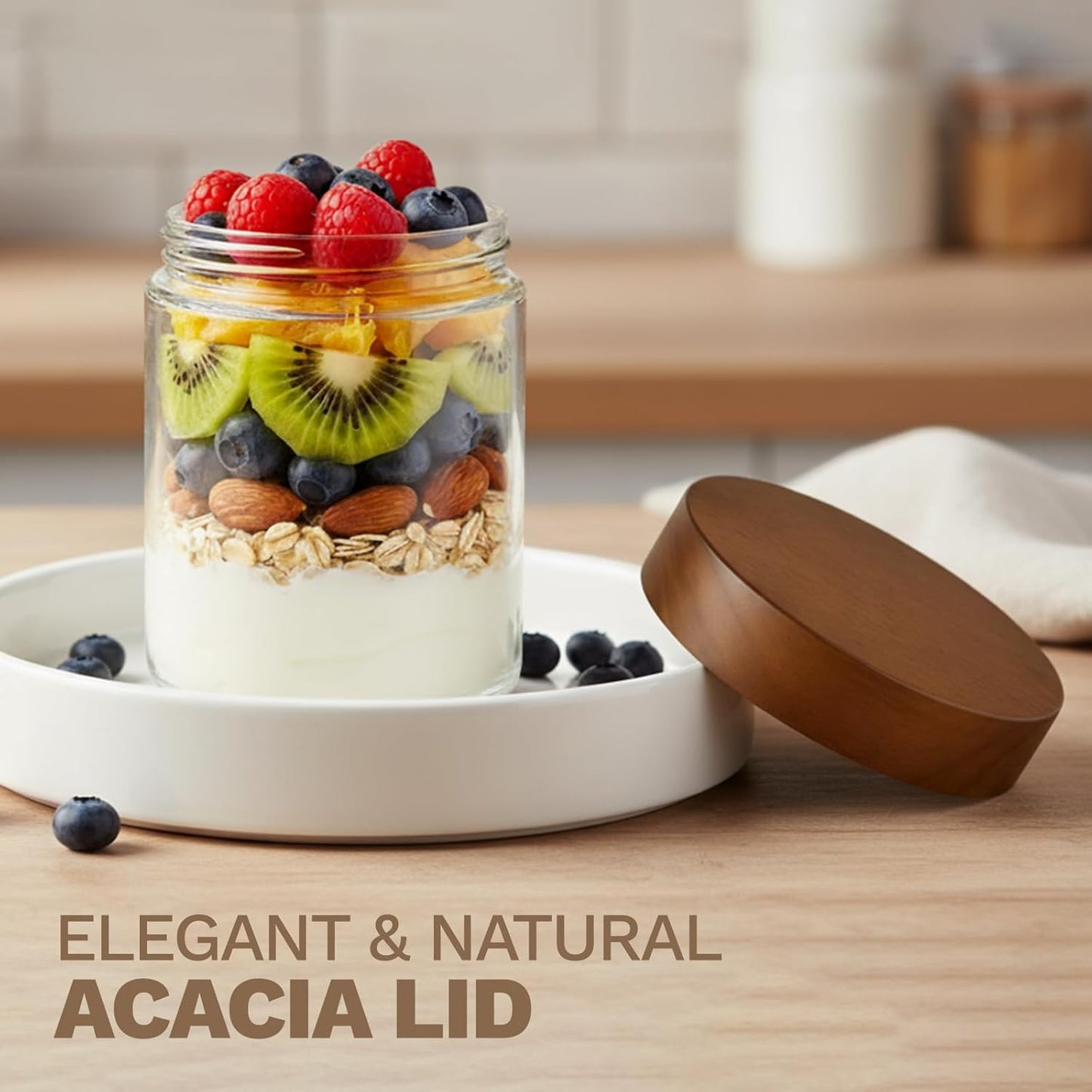 16oz+8oz 8-Pack Bumobum Overnight Oats Containers with Lids, Glass Mason Jars with Acacia Wood Airtight Lid, Wide Mouth