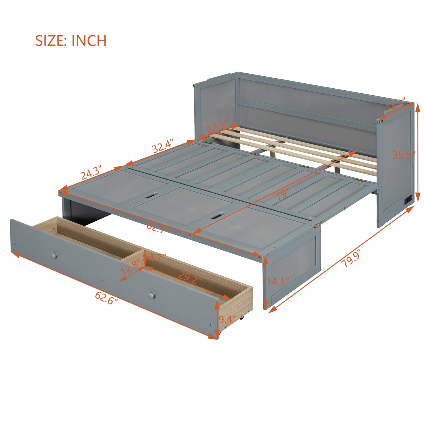 Bellemave Queen Murphy Bed Cabinet Bed, Solid Bed with Storage Drawer, Queen Size Bed with USB Ports, Chest Wall Murphy Bed with Drawer (Gray, Queen)