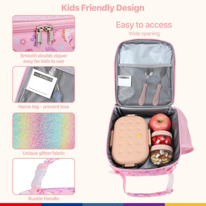 Bagseri Kids Lunch Bag with Shoulder Strap - Insulated Lunch Bag for Girls with Water Bottle Holder Reusable Lunch Tote Bag for School Kids Lunch Box for Girls, Pink Glitter Unicorn