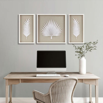 Madison Park Sabal Floral Wall Art - Handmade Canvas Palm Natural Rice Paper Shadow -Box Set, Glass, Wood Frame, Linen Base, Botanical Modern Room Decor for Hallway, Bedroom Accent, Off White 3 Piece