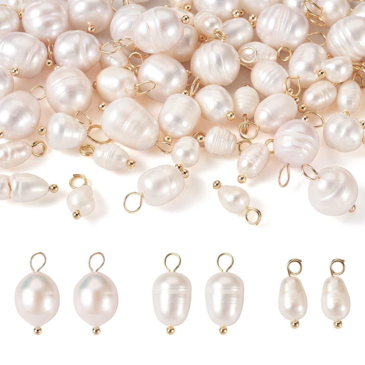 Cheriswelry 60Pcs 13-17mm Natural Freshwater Cultured Pearl Pendants White Rice Oval Pearl Charms with Brass Loop 3 Styles for DIY Necklaces Bracelets Earrings Jewelry Making