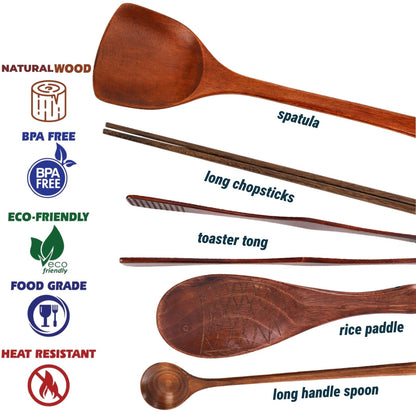 ZOOFOX 6 Pieces Wood Utensils Set, Nonstick Wood Kitchen Utensils with Japanese Style, Wooden Long Chopsticks, Spatula, Toaster Tong, Long Handle Spoon and Fish-shaped Rice Spoon for Cooking