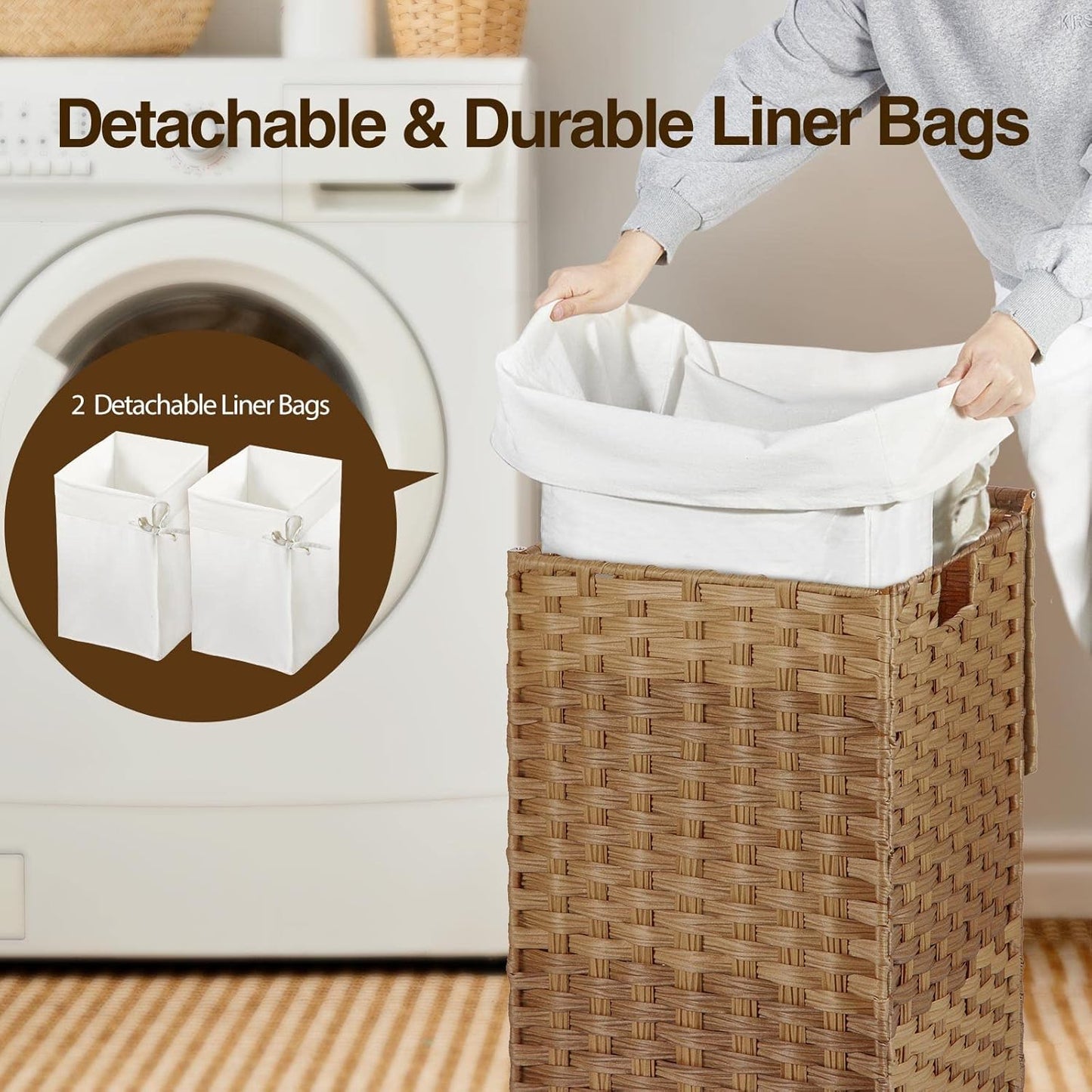 GREENSTELL 60L Laundry Hamper with Lid, Handwoven Synthetic Rattan Laundry Basket with 2 Removable Liner Bags & 2 Mesh