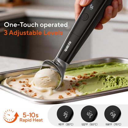 Heated Ice Cream Scoop with LED Display — Rechargeable Electric Ice Cream Scoop with Comfortable Handle, 3 Modes, IPX7, Non-Stick Stainless Steel for Hardened Ice Cream, Sorbet, Gelato, & Cookie Dough