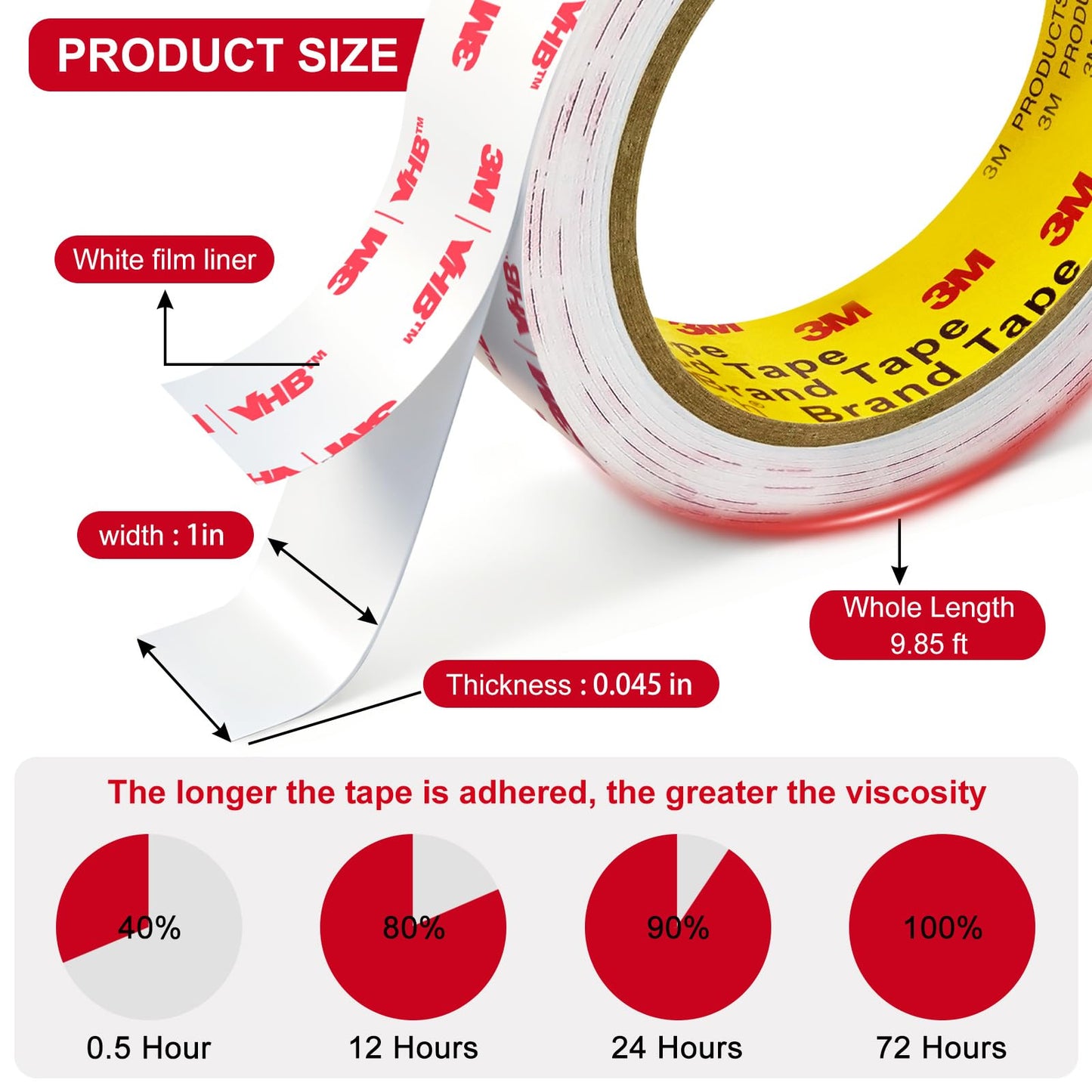 3M Double Sided Tape Heavy Duty2in X 9.85ft, Removable Mounting Tape for Wall, White Sticky Foam Tape, Picture Hanging Strips & Poster Hanger, Waterproof Adhesive Strips, Carpet Tape & Rug Gripper