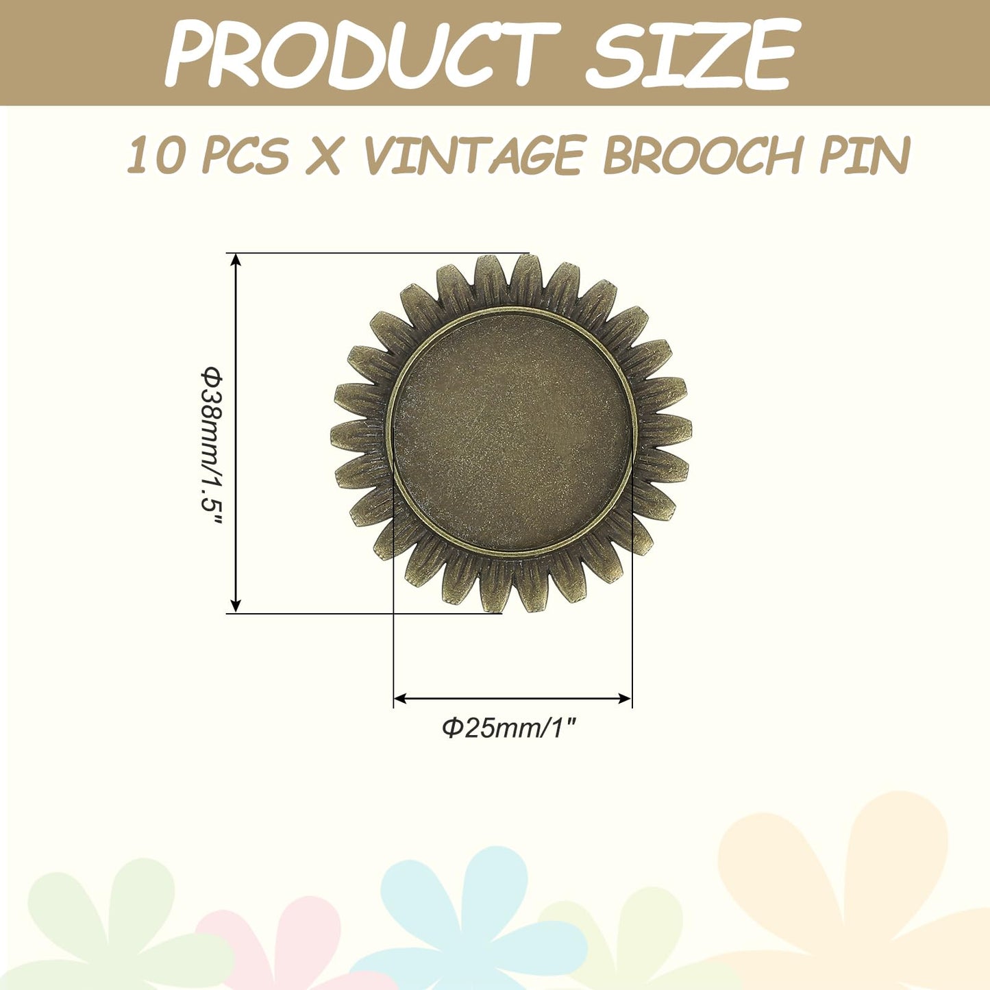 MECCANIXITY 10 Pcs Cabochon Brooch, 25mm Alloy Findings Trays Round Pins, Vintage Setting Brooch Pins for Diy Jewelry Making Pendants Photo Craft, Sunflower Style, Bronze