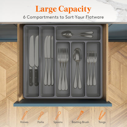 Lifewit Silverware Organizer with Lid, Covered Utensil Tray for Kitchen Drawer and Countertop, Plastic Cutlery and Flatware Storage Box for Spoons Forks Knives Holder Case, 6 Compartments, Black