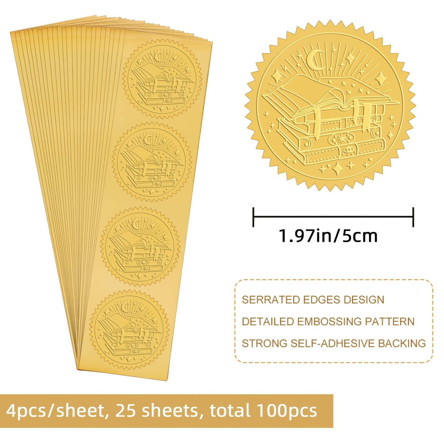 CRASPIRE 2" Gold Foil Sticker Magic Book 100pcs Certificate Seals Gold Embossed Round Embossed Foil Seal Stickers for Envelopes Invitation Card Diplomas Awards Graduation Celebration
