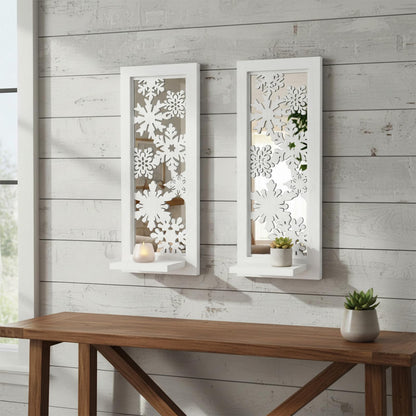 ZEXUIRU 2 Set Rustic Candle Sconces Living Room Bedroom Entryway Wood Mirrored, Farmhouse, Carved Frame Wall-Mount Wooden Candle Holders Wall Decor Hanging Handmade Holder - Distressed White
