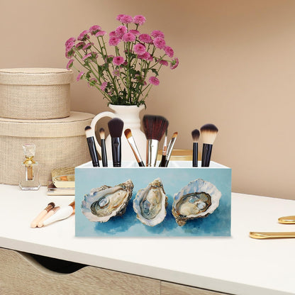PQKIY Blue Coastal Beach Oyster Pen Holder for Desk,Ocean Beach Wooden Box Sign Desk Decor for Home Bedroom Office,Ocean Beachy Makeup Brush Toothbrush Holder Organizer for Bathroom Accessories