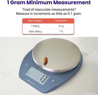 Etekcity 0.1g Food Scale with Bowl, Digital Grams and Ounces for Weight Loss, Dieting, Baking, 11lb/5kg, Prussian Blue