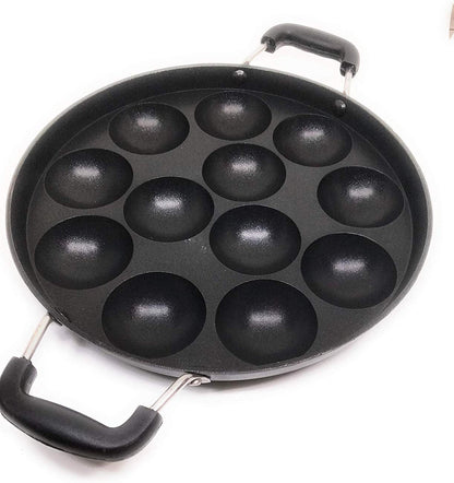 Shriya 12 Pits Appam Maker with Lid, Wooden Stick and Nylon Scrubber, Nonstick Cookware for Appam and Paniyaram