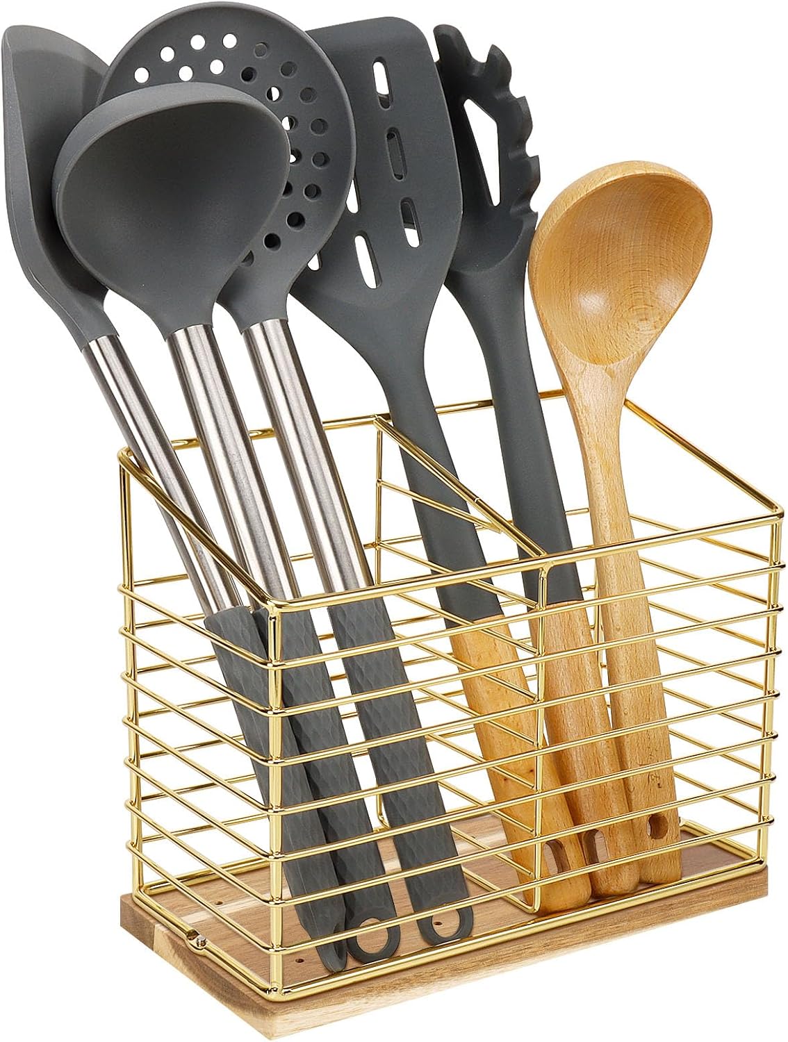Metal Utensil Holder Rack for Kitchen Counter, Cooking Tools Storage Organizer with Sturdy Base and Drainage Hole (Gold