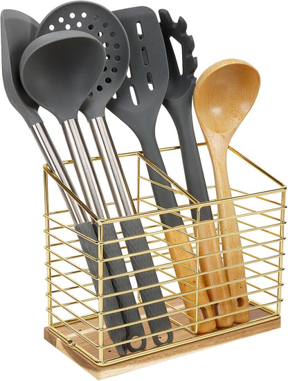 Metal Utensil Holder Rack for Kitchen Counter, Cooking Tools Storage Organizer with Sturdy Base and Drainage Hole (Gold