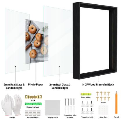YOTINTIN 11x14 Floating Frames 2 Pack Wooden Photo Frame Double Sided Glass Picture Frame for Any Size Picture up to 11x14, Wall Mount or Tabletop Displays, Double-edged Frames, Black