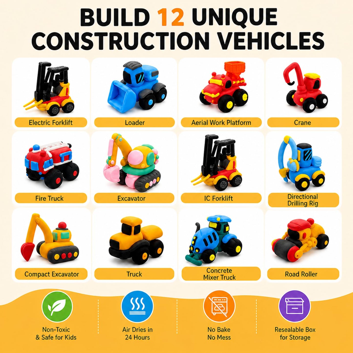 Air Dry Clay Kit for Kids – 12 Pack Construction Vehicles Modeling Clay Set, DIY Art Crafts with Sculpting Tools & Tutorials, Ultra Light Soft Magic Clay Car, Birthday Party Favors for Boys Girls