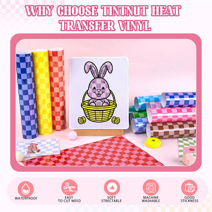 Tintnut Checkerboard Heat Transfer Vinyl, 12 Sheets 12"x10" Colorful Check Patterned Iron on Vinyl for DIY T-Shirts, Apparel & Craft Projects