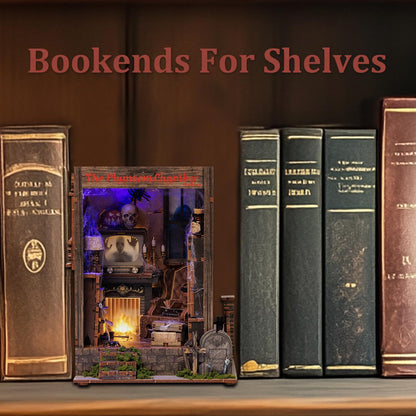 Book Nook Kit,DIY 3D Wooden Miniature Dollhouse Kit Gifts for Adults,The Phantom Chamber Haunted House Booknook with LED Light