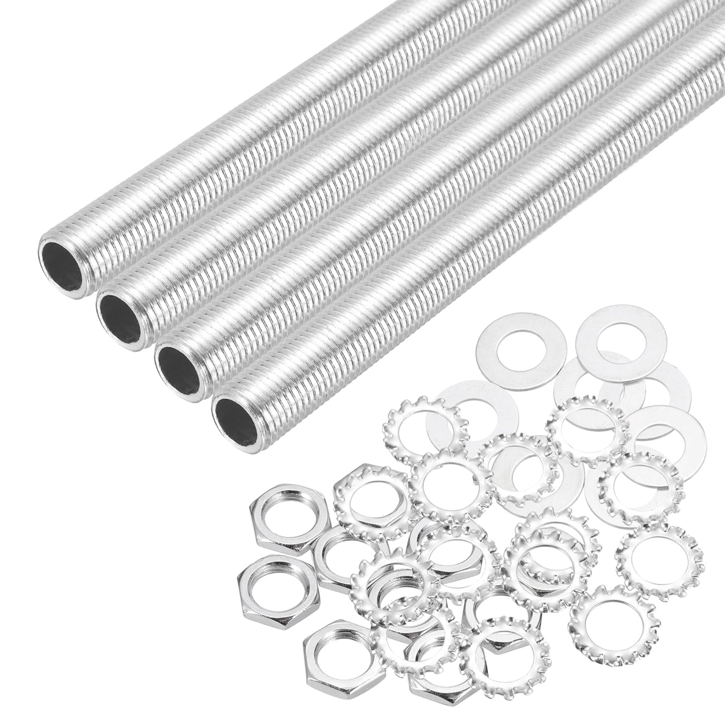 MECCANIXITY 28Pcs 11.8" Lamp Pipe Nipples Kit with Hex Nuts Washers, 1/4IP All Threaded 1/2" Outer Diameter Lamp Rod Hollow Tube Fasteners for Lamp Assembly Chandelier DIY Repair, Silver