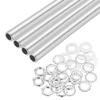 MECCANIXITY 28Pcs 11.8" Lamp Pipe Nipples Kit with Hex Nuts Washers, 1/4IP All Threaded 1/2" Outer Diameter Lamp Rod Hollow Tube Fasteners for Lamp Assembly Chandelier DIY Repair, Silver
