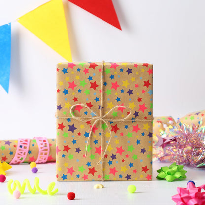BIOBROWN Kraft Wrapping Paper Roll Colorful Stars Design Perfect for Birthday Holiday Wrap 17 inch X 33 feet