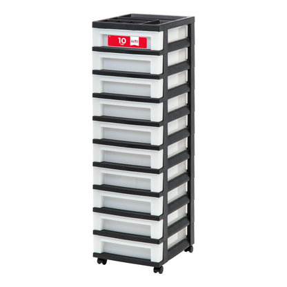 IRIS USA Plastic Drawer Storage Organizer Rolling Cart, with Wheels Casters, 10-Drawers, for Classroom Art Craft Supplies Dresser Closet Bathroom Laundry Room, Black/Pearl