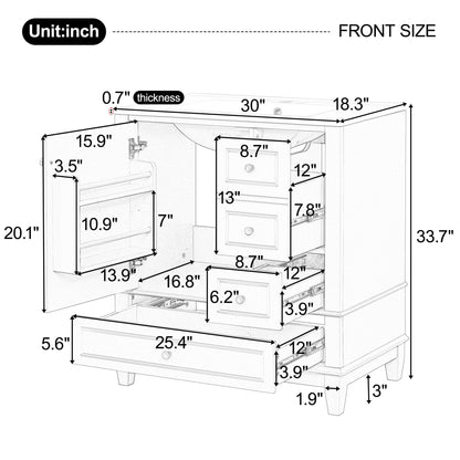 30" Bathroom Vanities with Ceramic Sink, Storage Cabinet with 3 Drawers and Door Shelf, Soft-Closing Door, Solid Wood Legs, White
