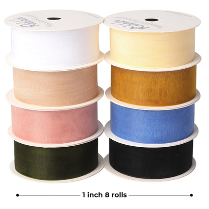 Ribbli Organza Ribbon 1 Inches 8 Rolls Total 80 Yard White Ivory Champagne Gold Rose Gold Dusty Blue Moss Black Sheer Ribbon for Gift Wrapping,Cookie Wrapping,Easter,Wedding Decoration