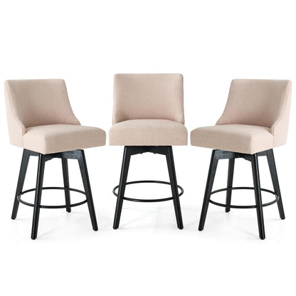 Vipbear Counter Height Bar Stools Set of 3, 26" H Swivel Bar Stools with Backs, Linen Fabric Upholstered Bar Chairs with Solid Wood Legs for Kitchen Island, Dining Room, Home Bar, Beige