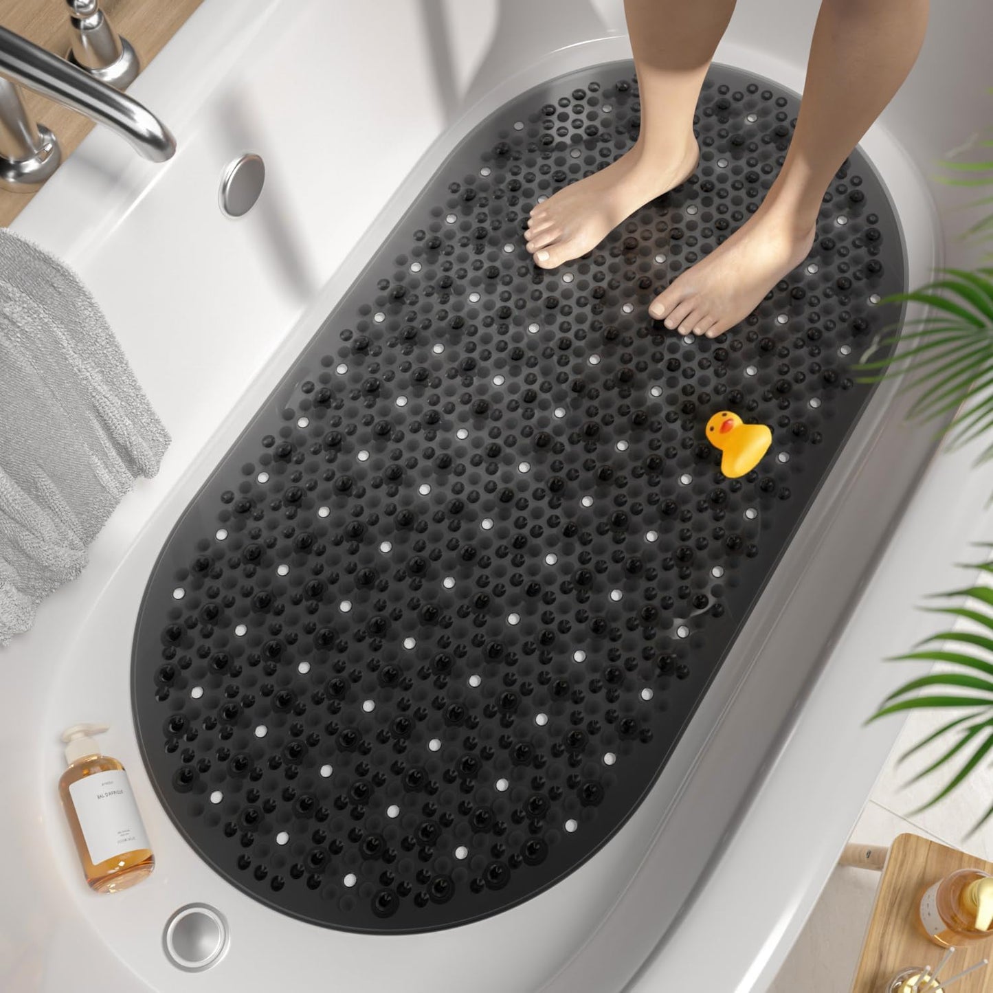 27x15 Inch HITSLAM Non Slip Bathtub Mat, Bath Mat for Tub with Suction Cups and Drainage Holes, Machine Washable Oval