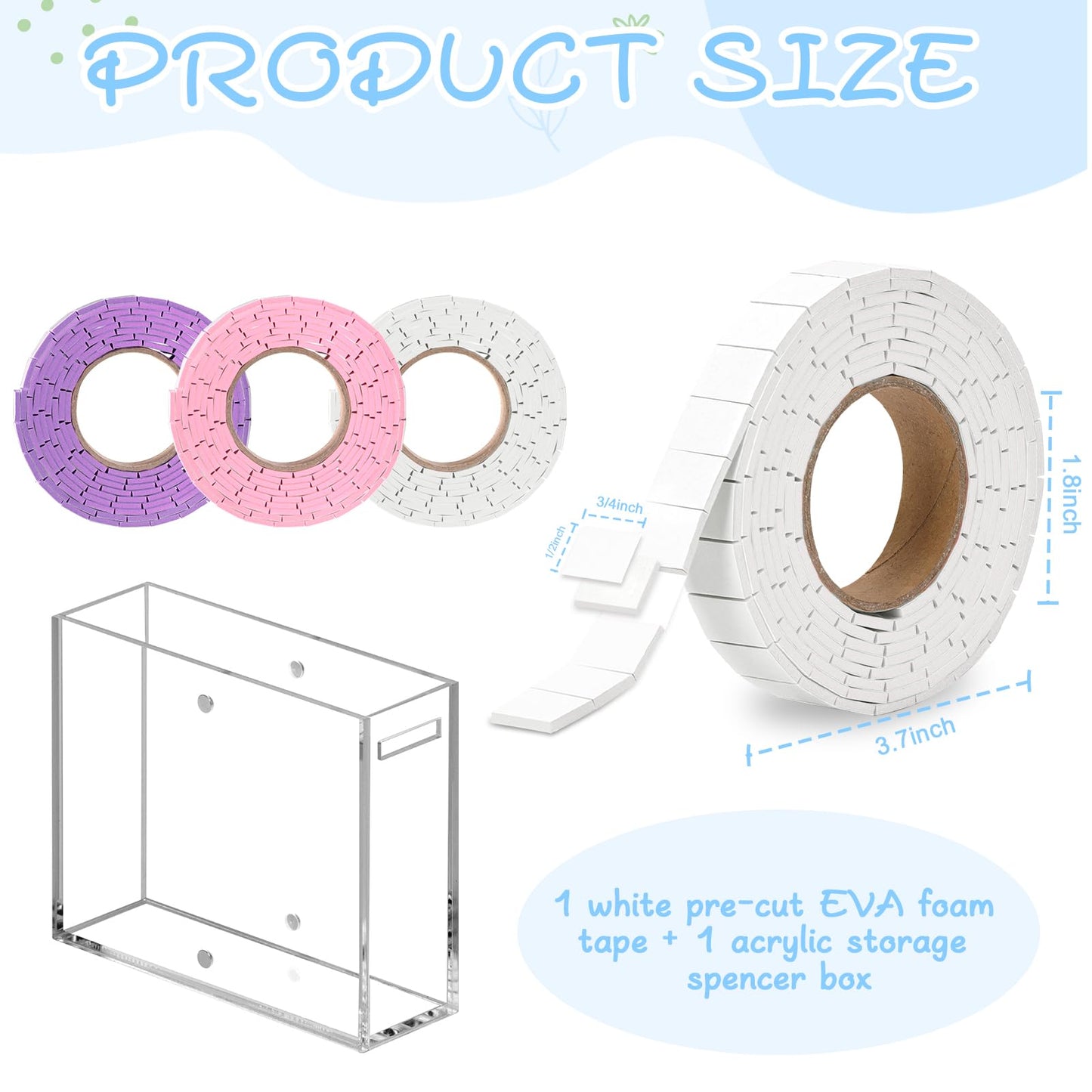 HKSZEH Double Sided Foam Tape Squares 0.75 X 0.5 Pre Cut Foam Adhesive Squares Roll with Acrylic Storage Box 3D Foam Tape for Crafts Arts Sewing DIY Office Supplies (Tape+Box, White)