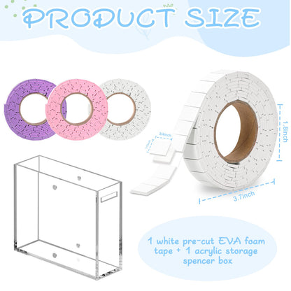 HKSZEH Double Sided Foam Tape Squares 0.75 X 0.5 Pre Cut Foam Adhesive Squares Roll with Acrylic Storage Box 3D Foam Tape for Crafts Arts Sewing DIY Office Supplies (Tape+Box, White)