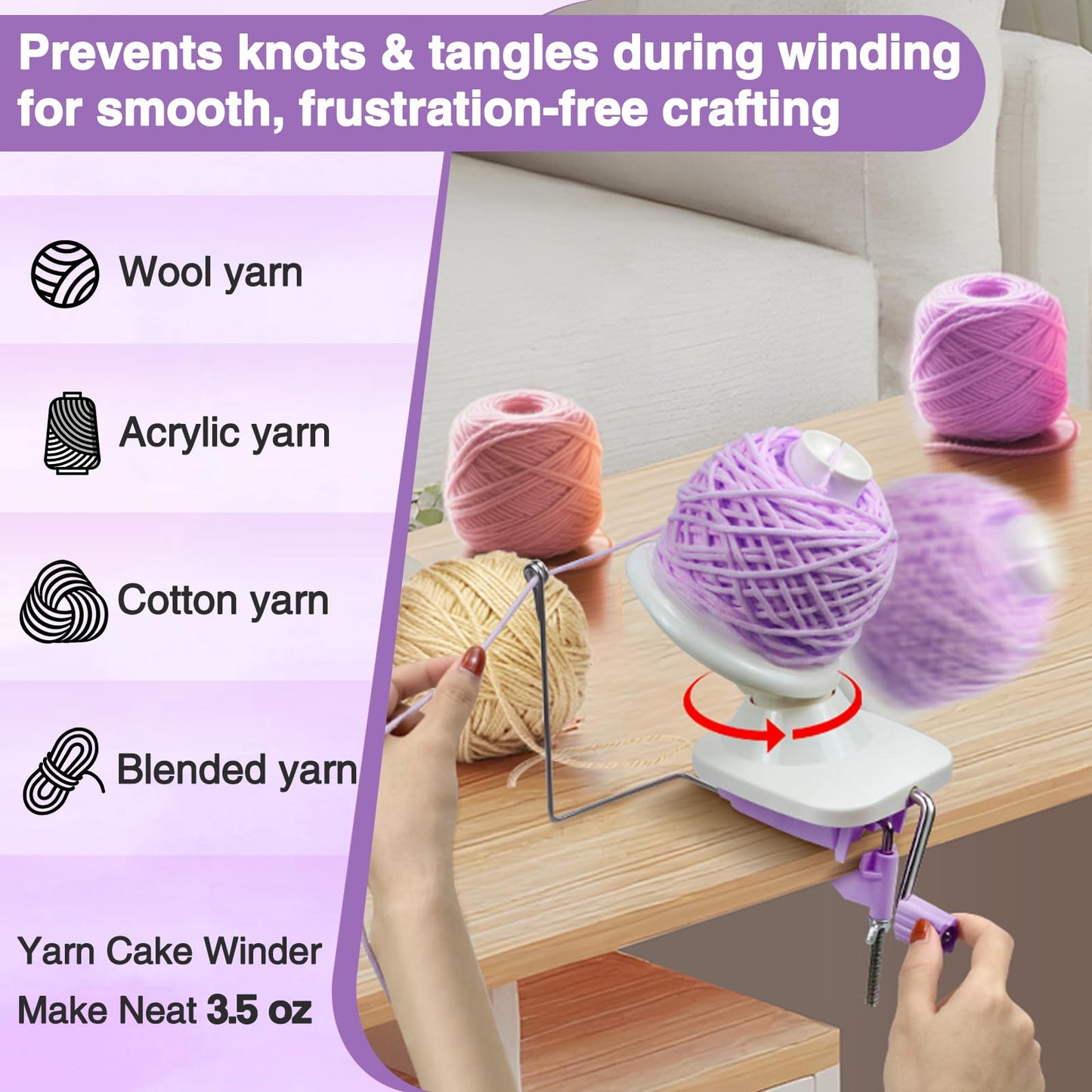 Essovee Yarn Ball Winder, Efficiently Yarn Cake Winder with Lower Noise for Crochet Knitting Combo Easy Installation 3.5 oz Portable Spinner for Crocheting Lavender Purple