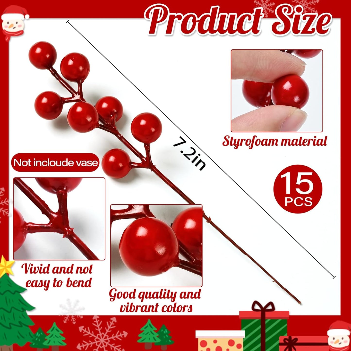 60 12.9" Waipfaru Pcs Christmas Artificial Pine Branches, Faux Evergreen Norfolk Pine with Red Berry Stems, Greenery