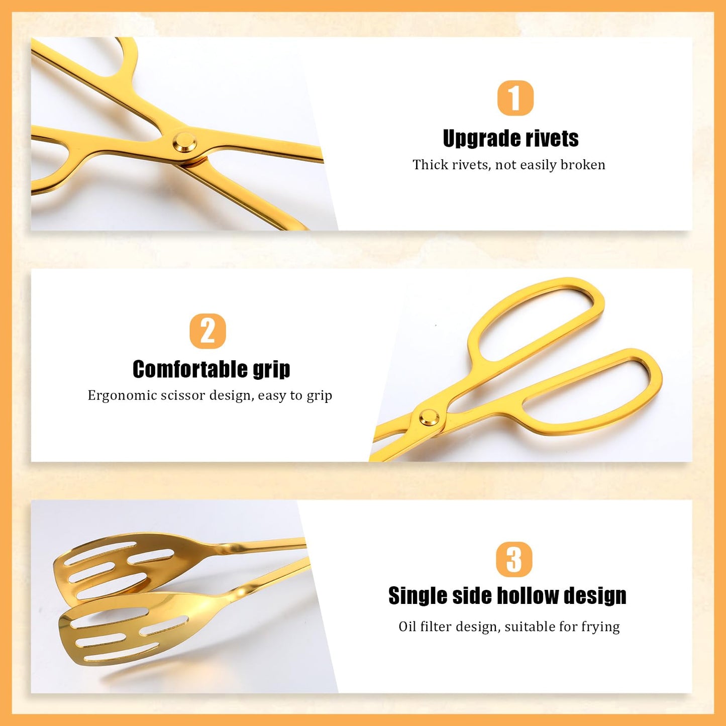 Oqqlin 4 Pcs Gold Serving Tongs, 10 Inch Stainless Steel Scissor Style Tong Non-Slip Buffet Tongs for Steak, Salad, Fruit, Snack, Barbecue