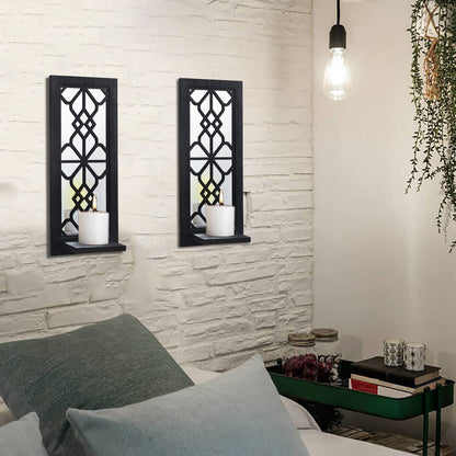 ZEXUIRU 2 Set Rustic Candle Sconces Living Room Bedroom Entryway Wood Mirrored, Farmhouse, Carved Frame Wall-Mount Wooden Candle Holders Wall Decor Hanging Handmade Holder - Black