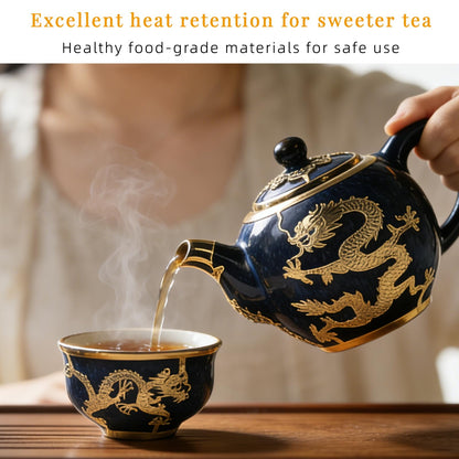 CKHNX Jun Porcelain Gold-Inlaid Tea Set, Zen Style, Includes Teapot and 6 Cups, Premium Gift Box, for Business, Festivals and Birthdays