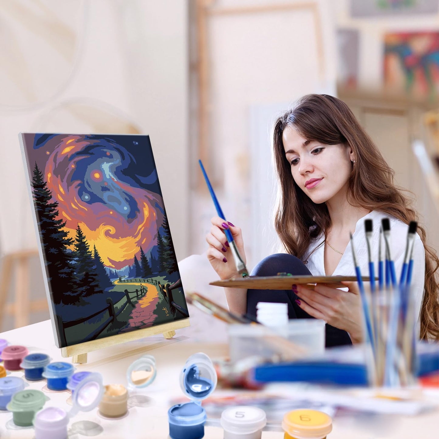 JOOZ 4 Pack Paint by Numbers Kit for Adults with Frame Aurora Paint by Number with Easel DIY Mountain Landscape Adult Paint by Number Kits Moon Oil Painting Kits for Home Wall Decor 8x12 Inch