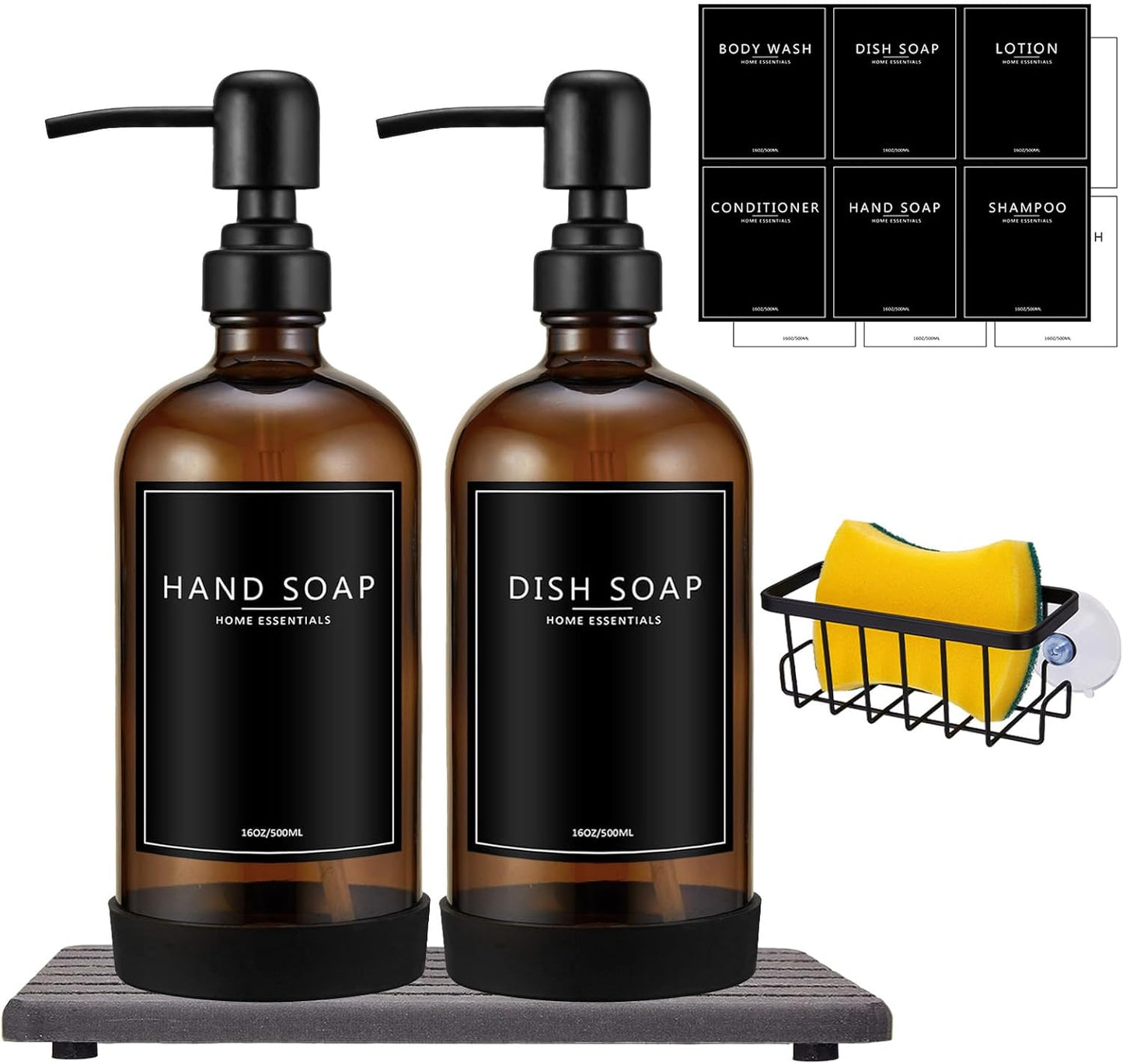 NEECZS Set Holder,16 Oz Set,Stainless Kitchen Soap Dispenser with Instant Dry Tray & Sponge Hand and Dish Soap Amber