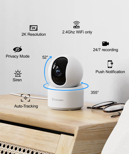 GALAYOU Indoor Security Camera 2K, 360 Degree 2.4G WiFi Home Security for Baby/Pet/Elder/Nanny with Night Vision, 24/7 SD Card Storage, Works with Alexa and Google Assistant G2-2Pack