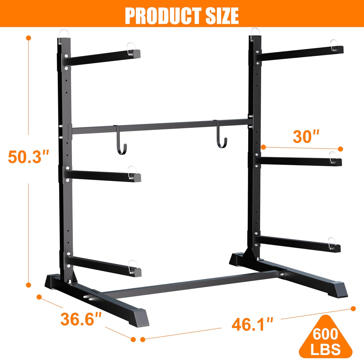 TRUSOON Outdoor Freestanding Kayak Rack, Heavy Duty Kayak Stand for 3 Kayaks, Canoe, Surfboard, Paddle Board Storage, Hold up to 600lbs, Black