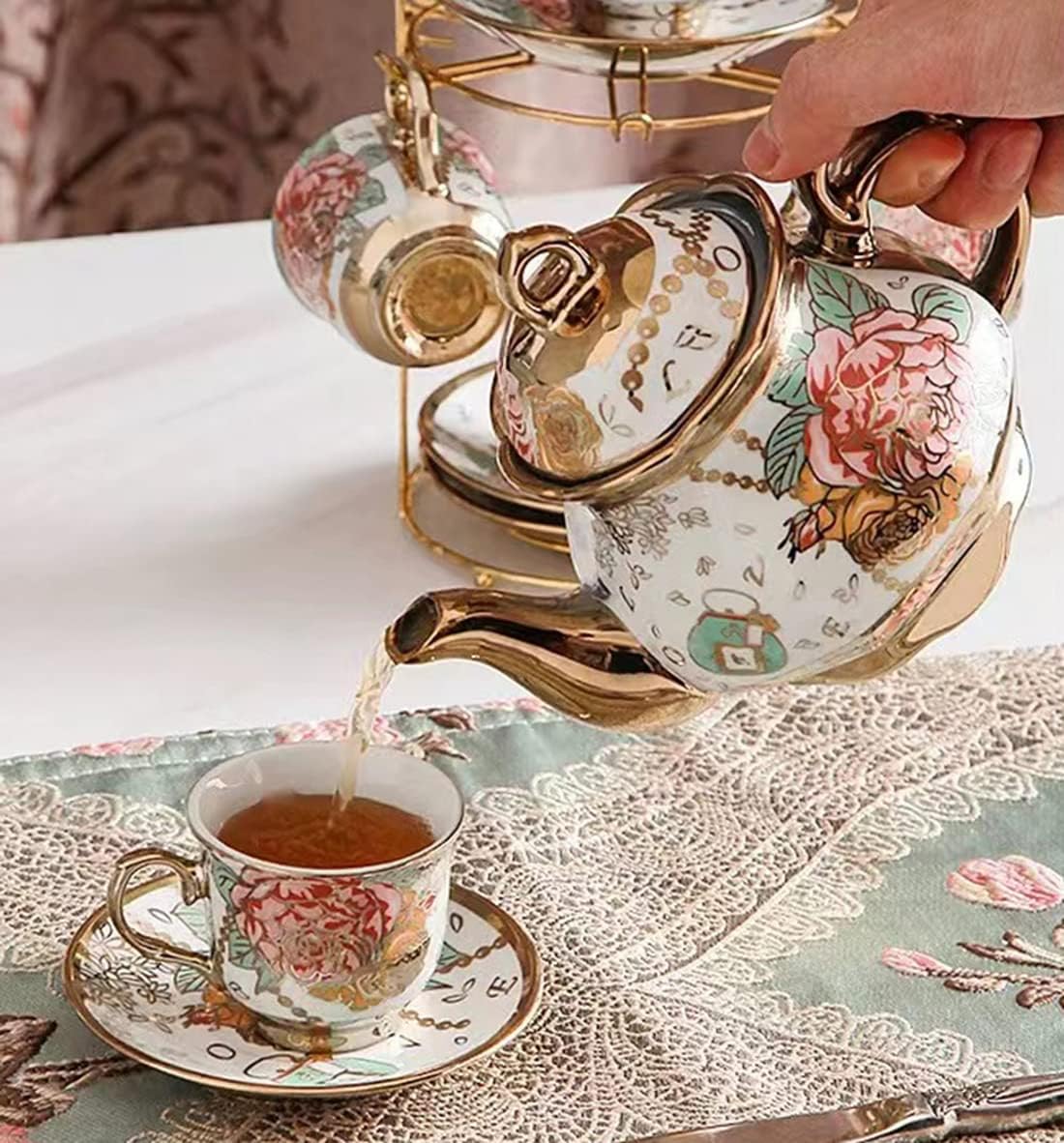 CHANJOON sets Set, Sets Set 6 tea Gold Plated Red Rose Ceramic Tea Vintage Teapot Tea Beautiful Tea Coffee Serving