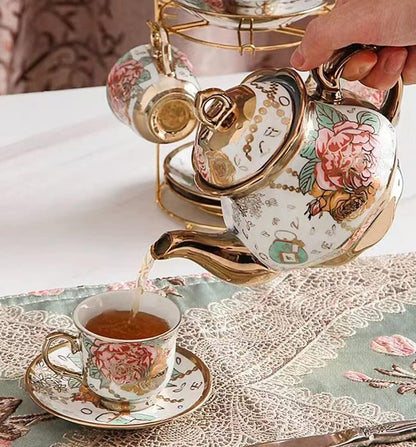 CHANJOON sets Set, Sets Set 6 tea Gold Plated Red Rose Ceramic Tea Vintage Teapot Tea Beautiful Tea Coffee Serving