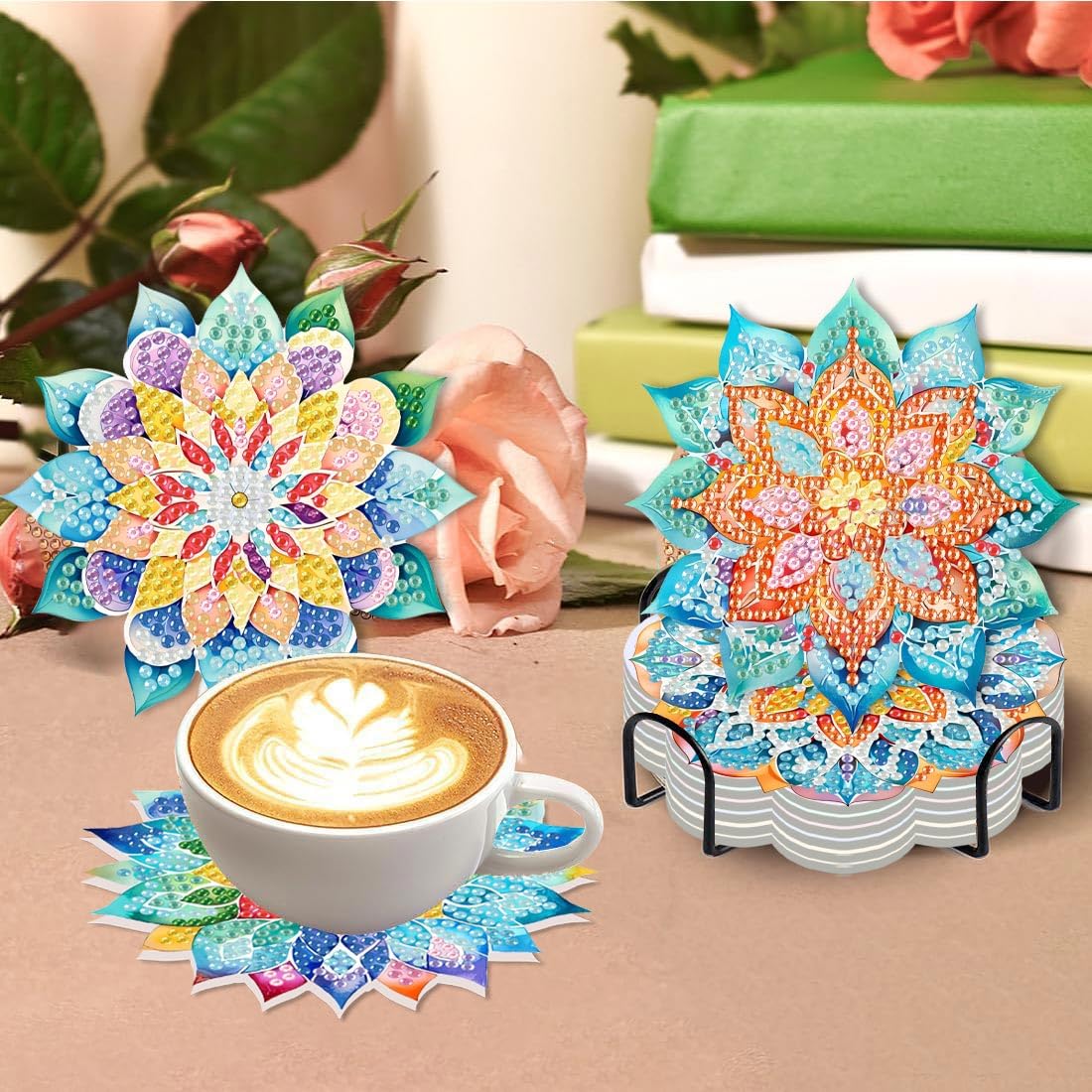 8 PCS Succulent Diamond Art Coasters with Holder, DIY Flowers Diamond Painting Coasters Kits for Adults, Non Slip Hardwood Bases Plants Mosaic Dot Painting Coaster Gift Set for Beginners 4x4 Inch