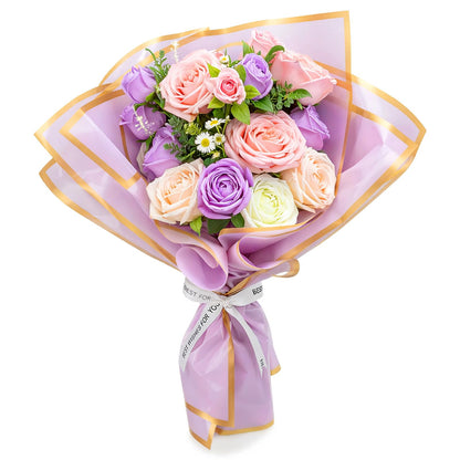Ovveroche DIY Purple Flower Bouquet Set Artificial Preserved Roses with Eucalyptus Lavender White Roses Perfect for Wedding Birthday Valentine's Day Party Decoration