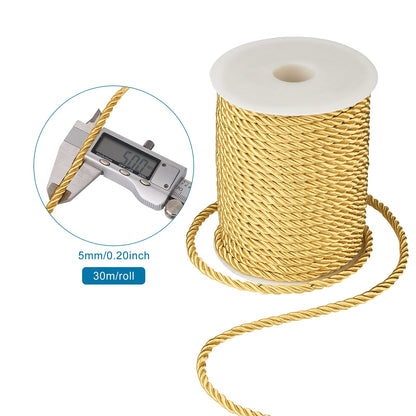 32 Yards 5mm Twisted Trim Cord Gold Polyester Twine Decorative Rope 3-ply Braided Fabric Macrame Thread String with Spool for Wall Hanging Plant Hangers Home Decor Customes Curtain Tieback