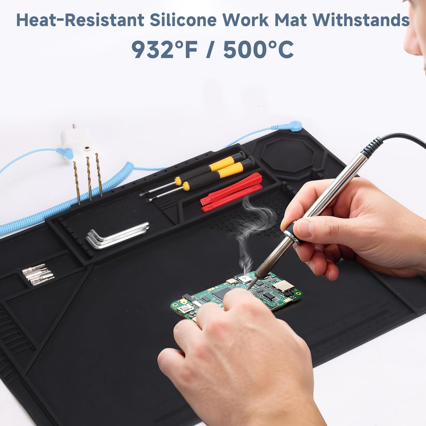 VECO-T Silicone Soldering Mat with Soldering Stand, 20x14 Inch ESD Anti Static & 932°F Heat Resistant Workbench Mat for Electronics Repair, PCB, Phone, Watch, PC Building