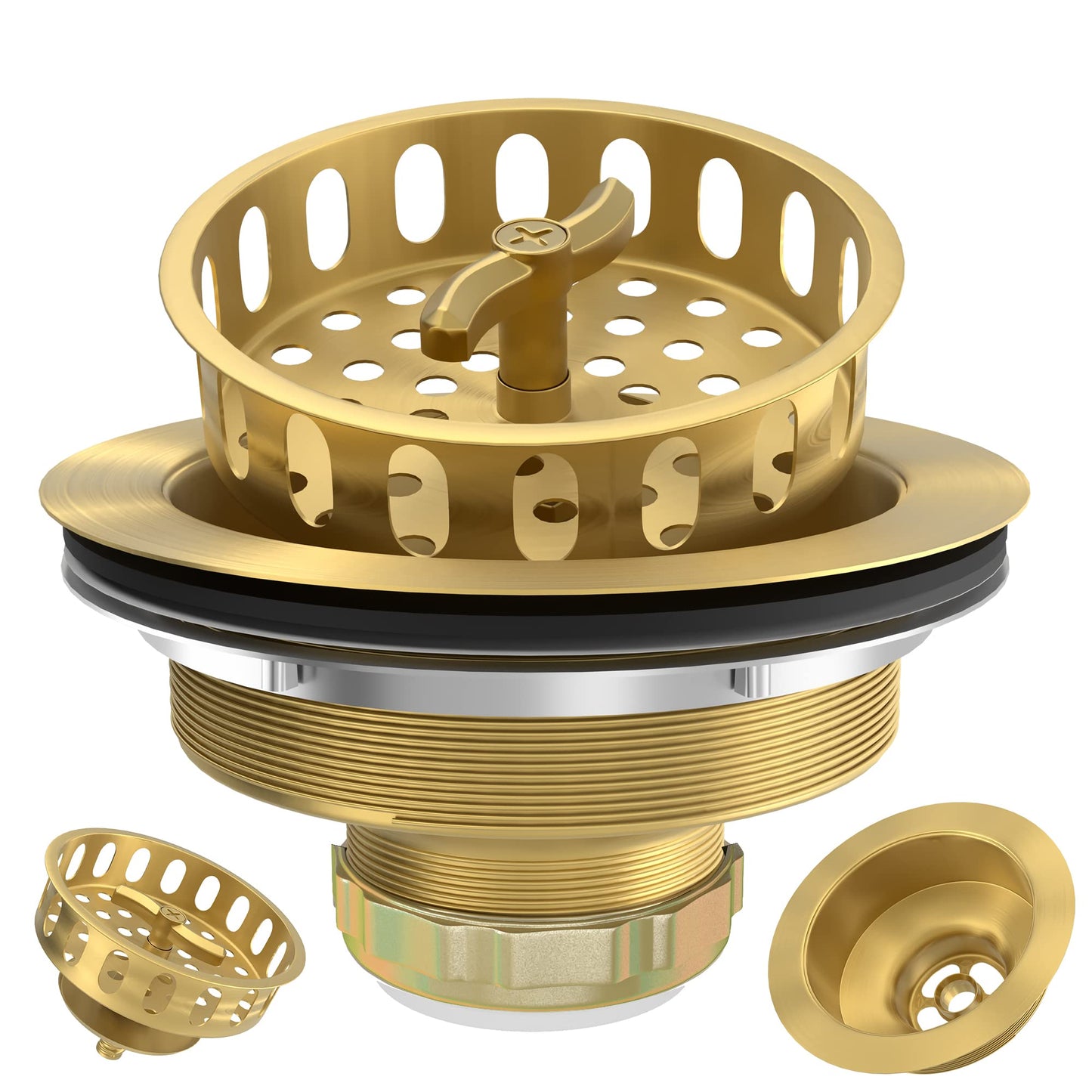 Exakey Gold Sink Drain Strainer 3-1/2 Inch Kitchen Sink Drain Assembly Kit with Stainless Steel Strainer Basket and Drain Stopper for Standard Kitchen Sink Brushed Gold