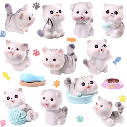14 Pcs Cat Figurines Cute Miniature Figures Mini Cat Cake Toppers Moss Landscape Waterproof Resin Kitten Garden Miniature Terrarium Figurines for Garden Home Party Cake Decor Supplies (Gray)